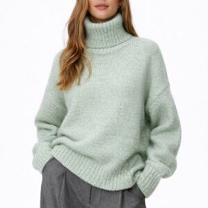 Zara Wool Alpaca Mint Pastel Green Chunky Oversized Knit Turtleneck Sweater M
